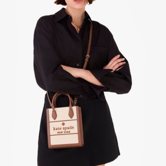 KATE SPADE Ellie Mini tote crossbody canvas brown off white - Picture 3 of 17